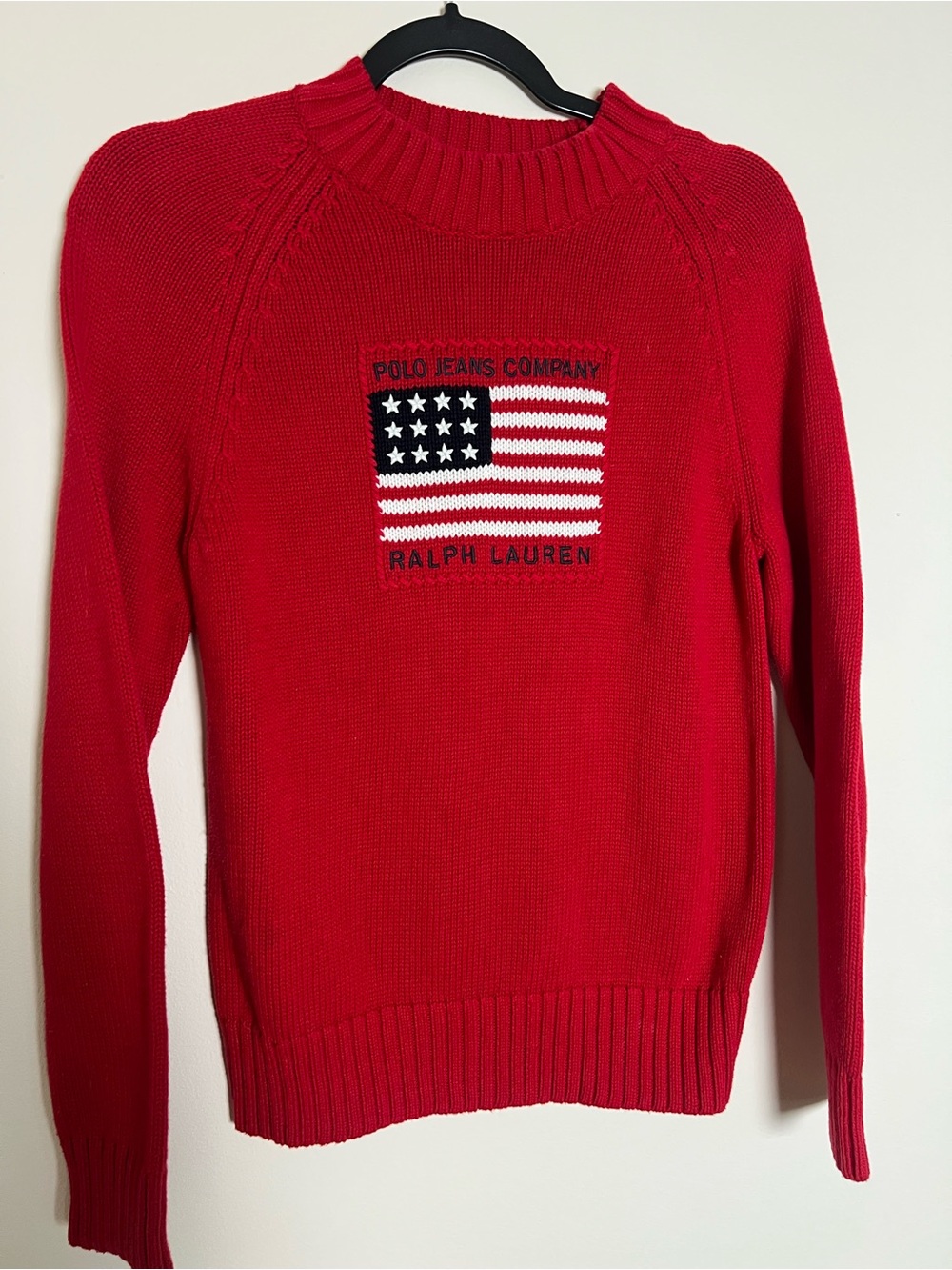 Vintage Knit Ralph Lauren Polo Jeans Company Red Flag-Emblem Crewneck Sweater